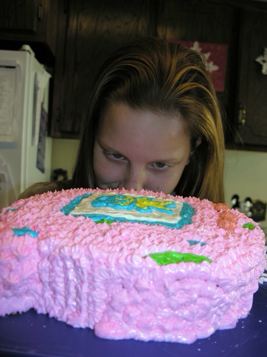 Bright pink ruffled cake with teal-framed center decoration
